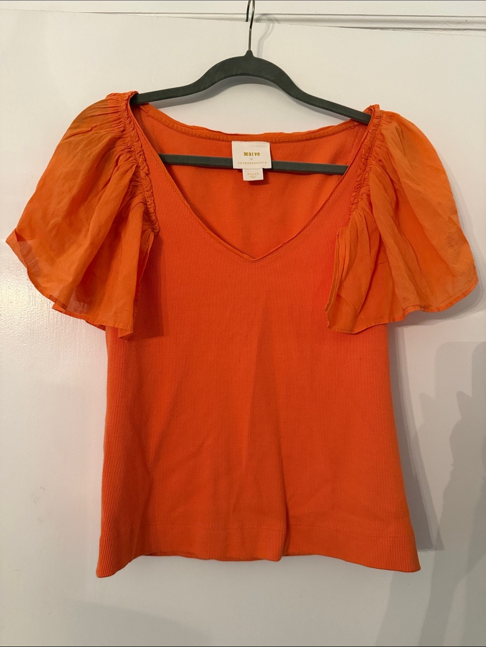 Anthropologie Maeve Tangerine V-Neck Flutter Sleeve M